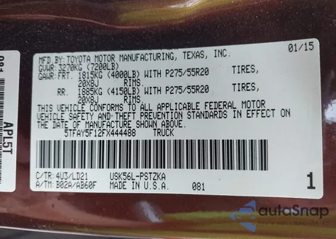 2015 Toyota Tundra Crewmax 1794/Platinum из США, поврежденный, VIN 5TFAY5F12FX444488